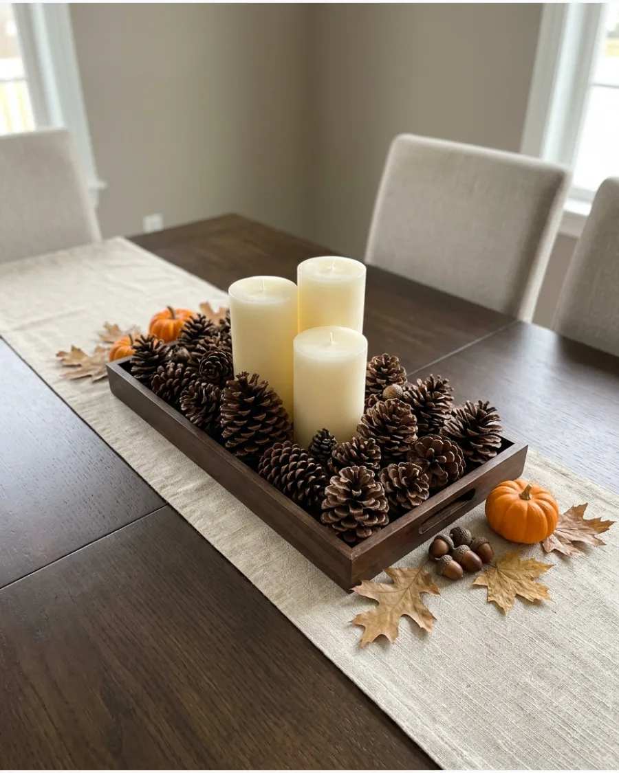 Kitchen island with clear glass bowl, pumpkin halves, red berries, natural daylight