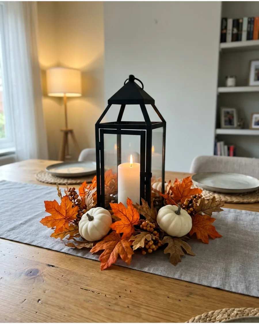 Living‑room coffee table with pumpkin, wooden branches, circular candle arrangement, warm glow
