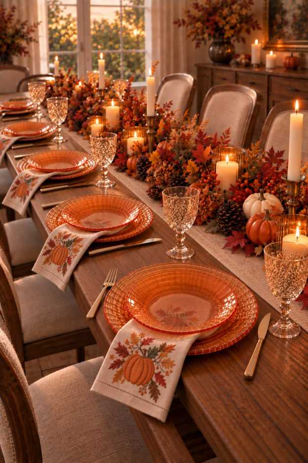 Formal dining table with floral runner, pumpkins, tall taper candles, elegant chandelier lighting