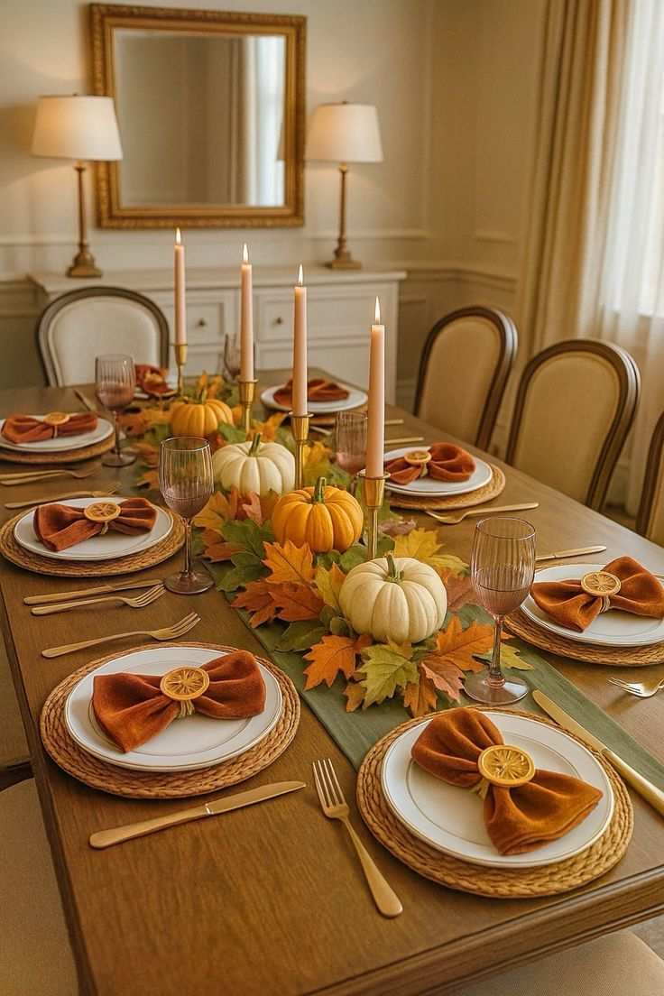 Rustic dining table with leaf‑studded runner, mini pumpkins, warm soft lighting
