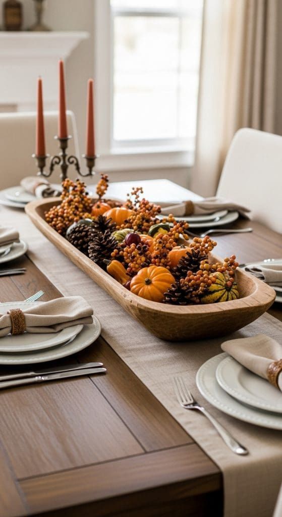 Farmhouse kitchen table with wheat dough ball, pinecones, cinnamon sticks, natural daylight