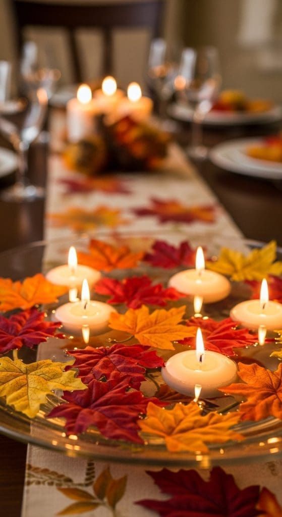 Dining table with glass bowl, floating candles, orange roses, soft amber lighting