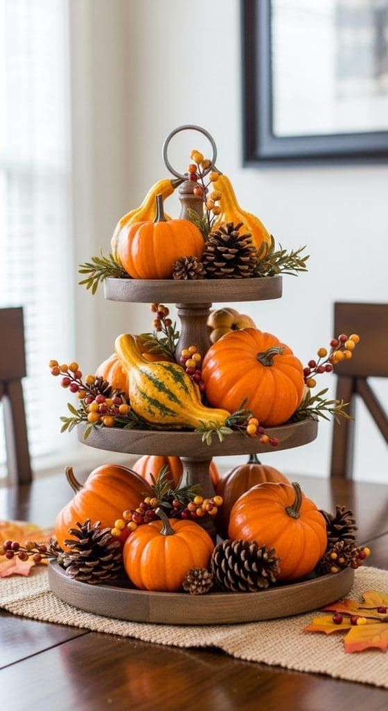 Living‑room coffee table with three‑tiered tray, pumpkins, gourds, dried foliage, warm lighting