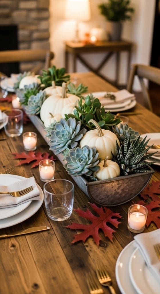Dining table with large white trough bowl, mixed fall greens, subtle candlelight, natural daylight