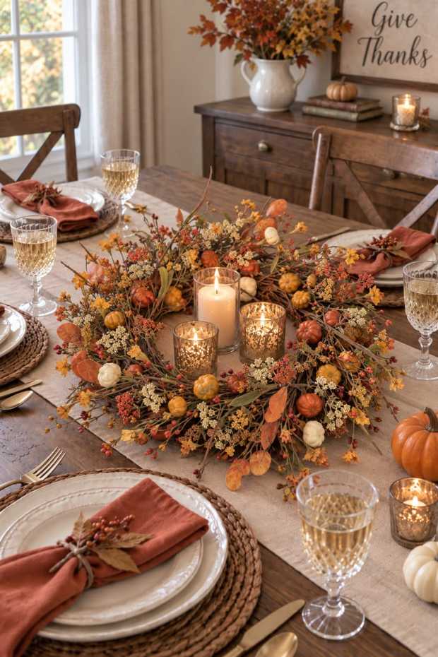 Entryway console with fall wreath, two tall pillar candles, rustic wood, warm lighting