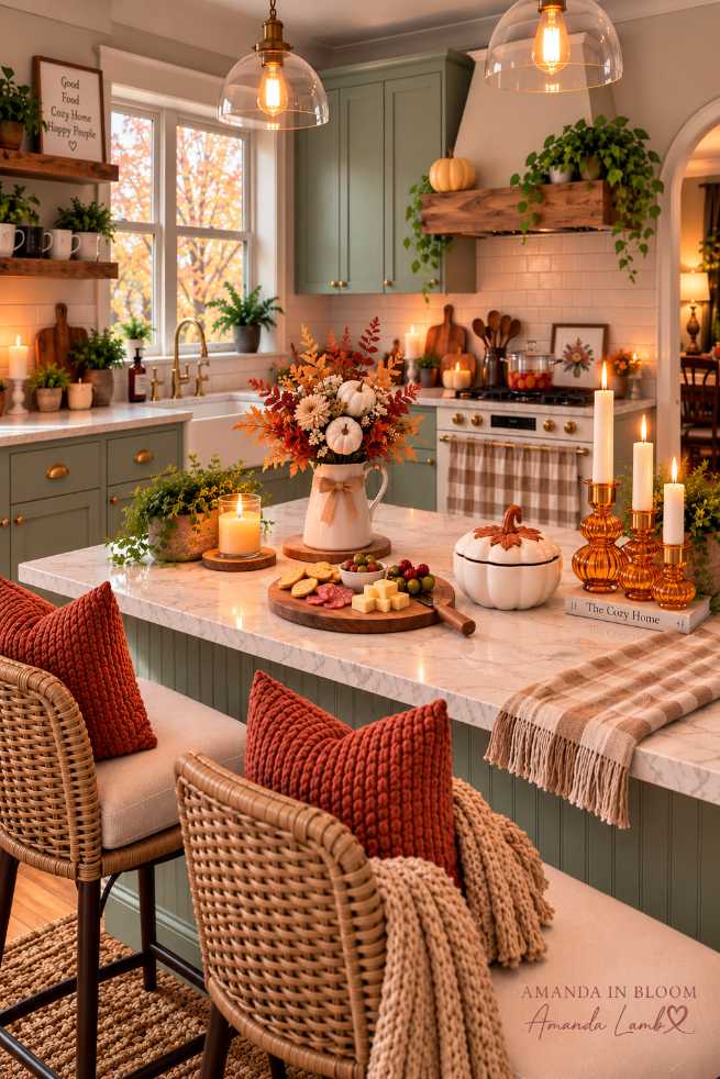 Kitchen island with glass pitcher of fall flowers, pumpkin cheese board, warm pendant lighting