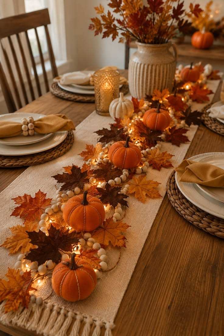 Long dining table with pumpkin light garland, leaf accents, warm overhead lighting