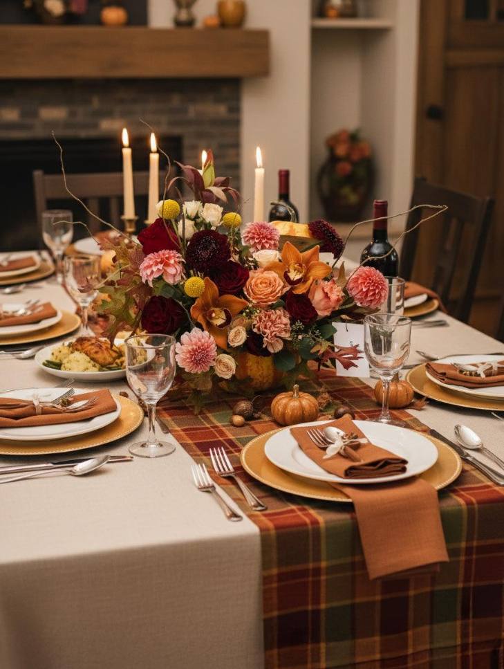 Rustic dining table with red‑black plaid runner, dahlia bouquet, soft amber lighting