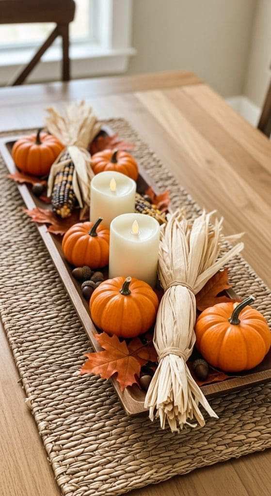 Traditional dining table with large orange pumpkin, burlap runner, pinecones, soft candlelight