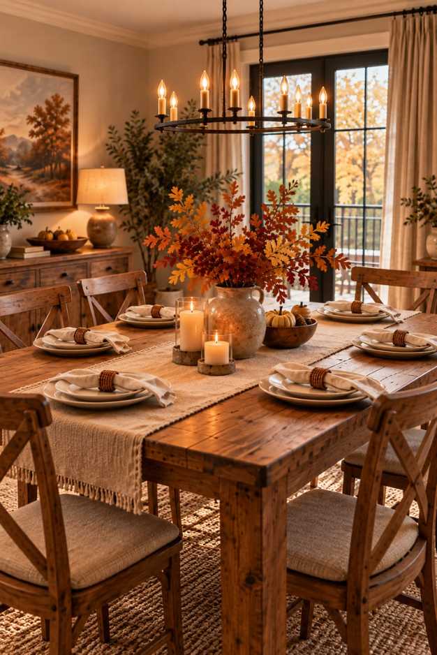 Dining table with red hydrangea bouquet, fresh apples, three small candles, warm lighting