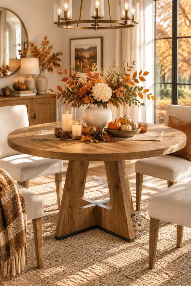 Round dining table with oversized floral arrangement, pumpkins, autumn foliage, soft candlelight