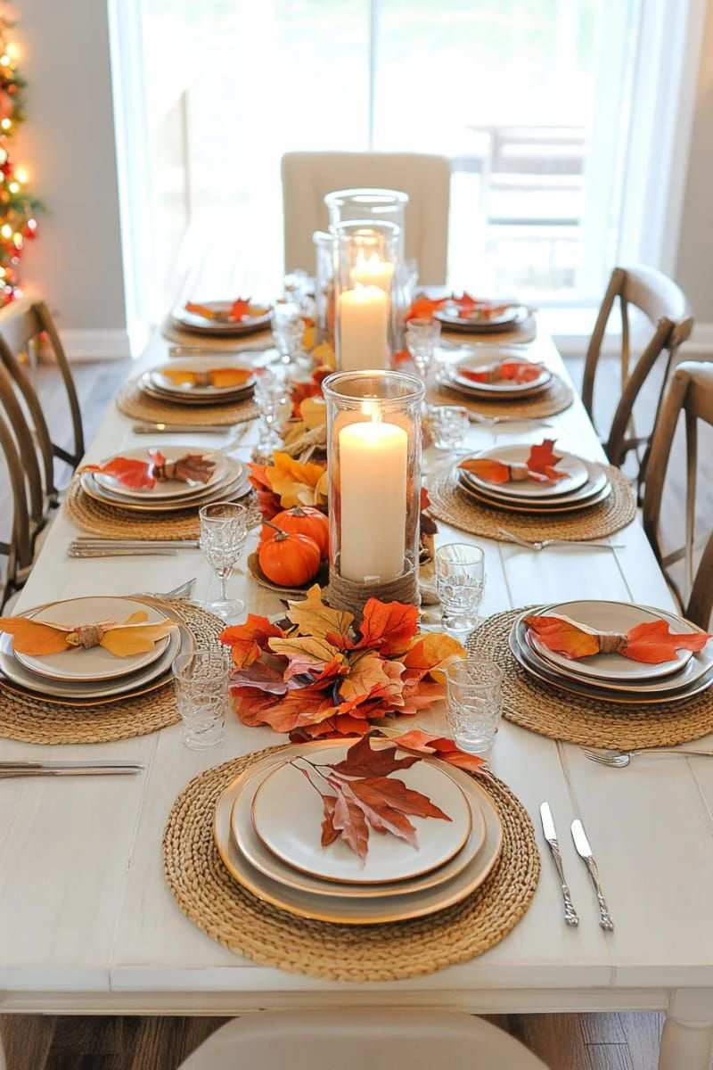 Dining table with tall glass vase, single pillar candle, fall leaves, mini pumpkins, soft ambient lighting