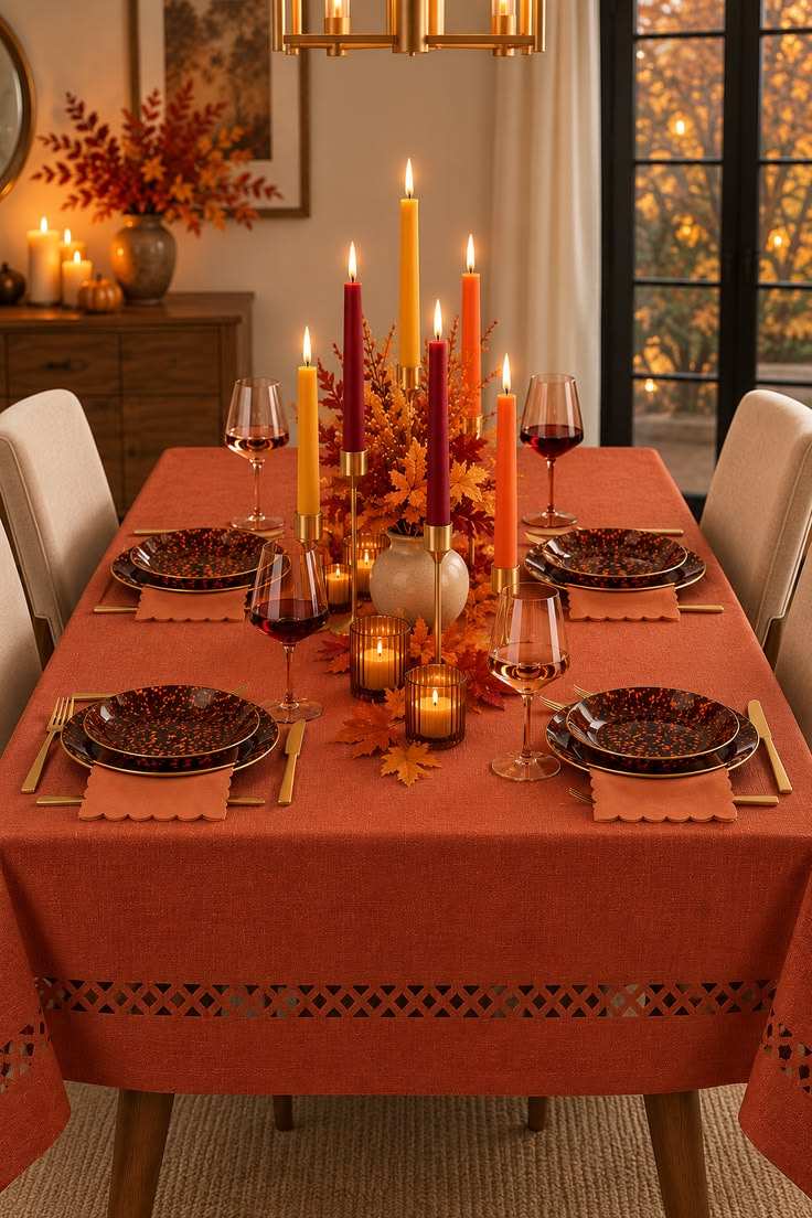 Dining table with three tall colored taper candles, scattered fall leaves, warm lighting, rustic décor