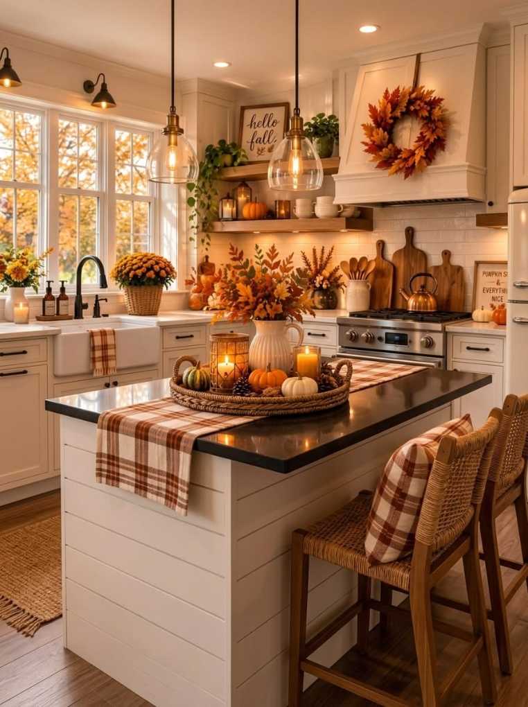 Dining table with wicker tray, lantern-style pumpkins, white ceramic pitcher, soft candlelight, natural daylight