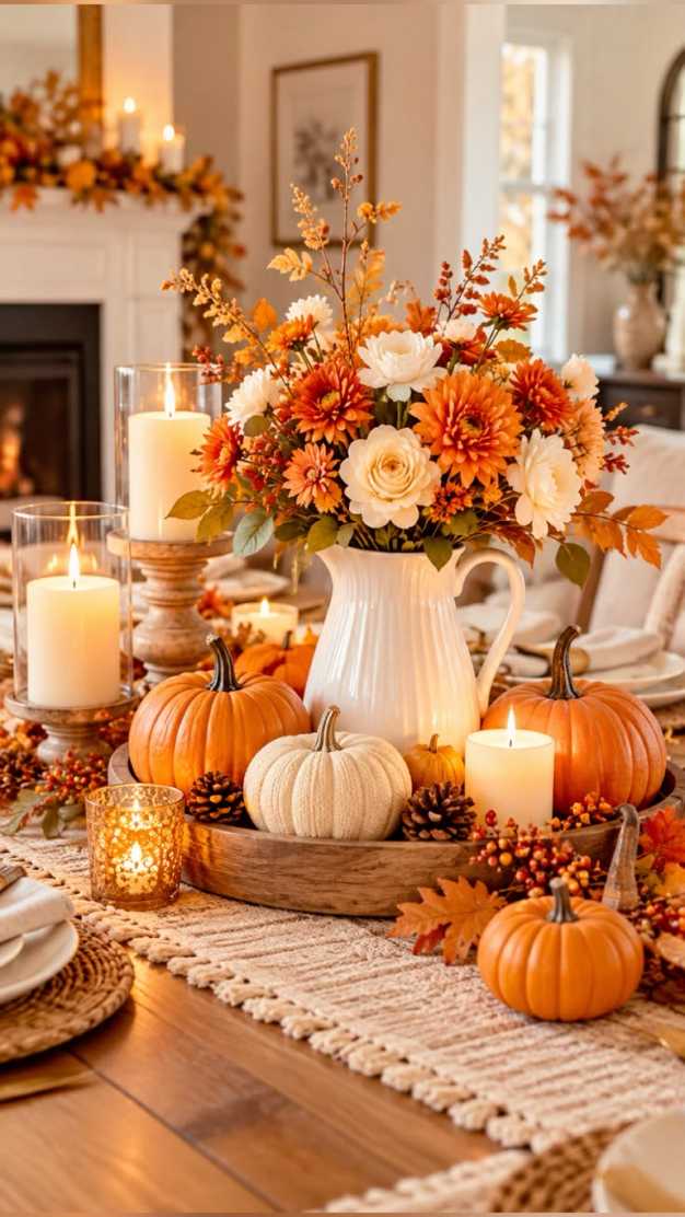 Dining table with reclaimed wood tray, orange floral arrangement, white pitcher, pumpkins, warm lighting