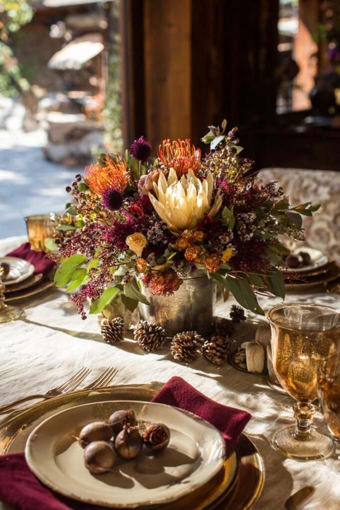 Amber glass bottles filled with eucalyptus leaves surrounded by warm taper candles on wood.