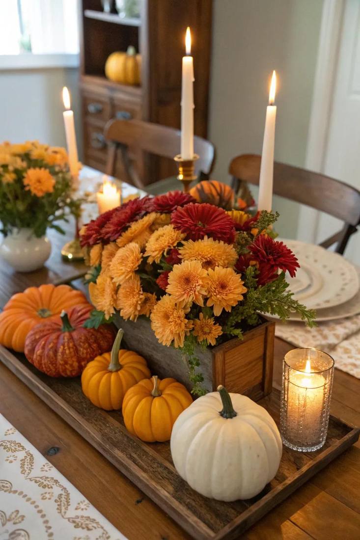 Creamy white heirloom pumpkins interspersed with vintage brass candleholders on a linen runner.