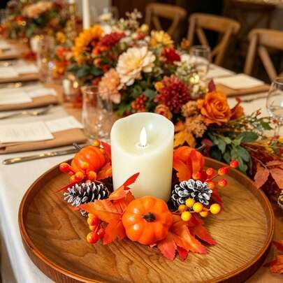 Reclaimed wooden trough filled with fluffy cotton stems small gourds and pillar candles.