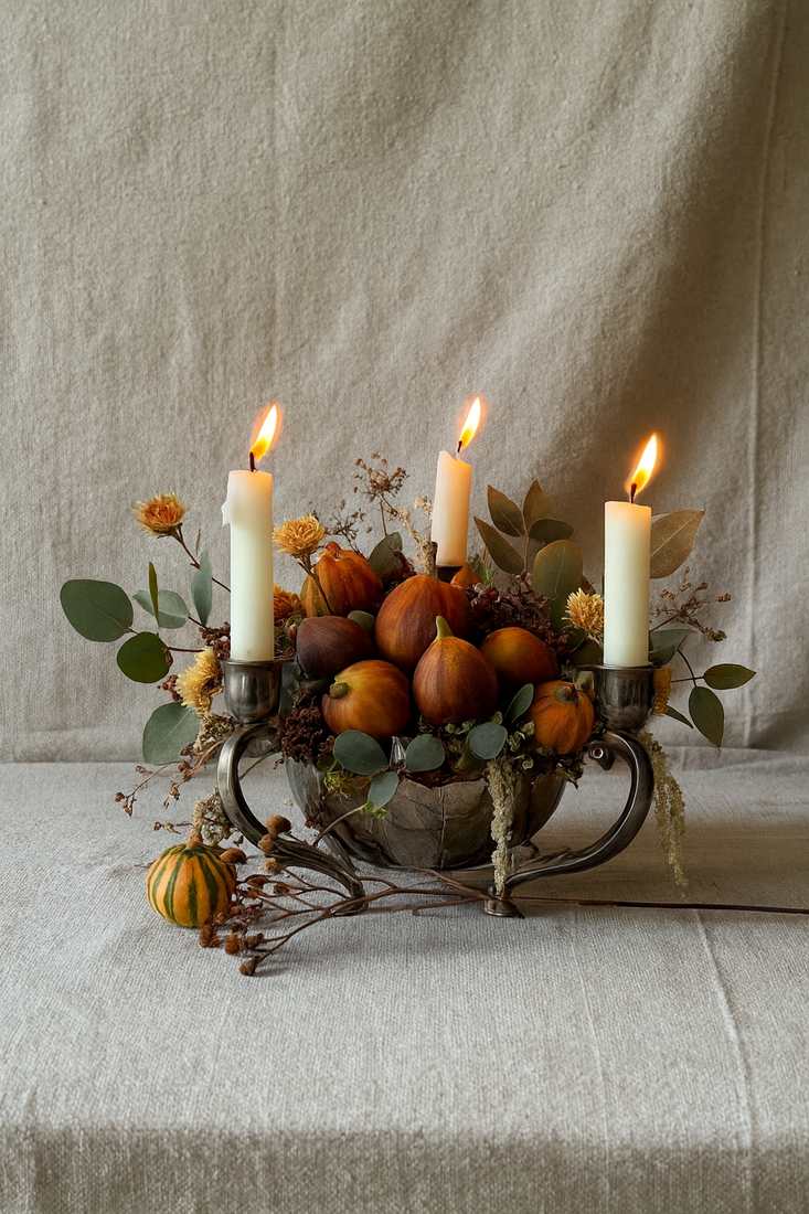 Off white matte ceramic bowl filled with green globe artichokes brown pears and rosemary sprigs.