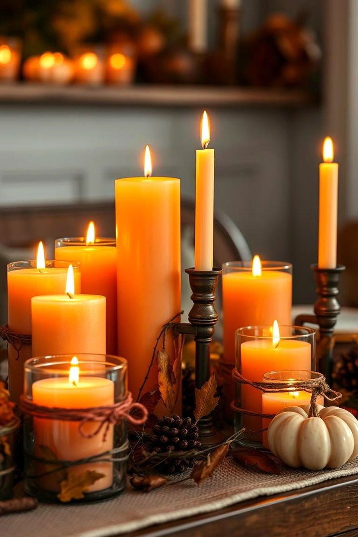 Two tiered wooden tray holding bundled cinnamon sticks mini orange gourds and tealights.