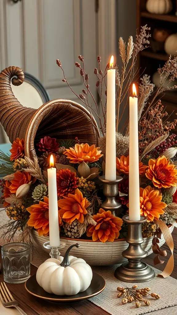 Trio of smoked glass hurricane vases holding tall pillar candles surrounded by pressed autumn leaves.