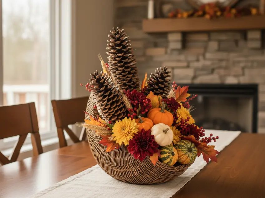 Traditional woven wicker cornucopia spilling over with apples squash grapes and autumn flowers.
