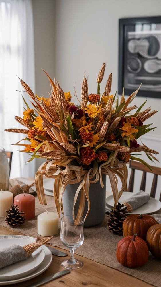 Upcycled cable knit sweater sleeves wrapped around glass mason jars containing autumn blooms.
