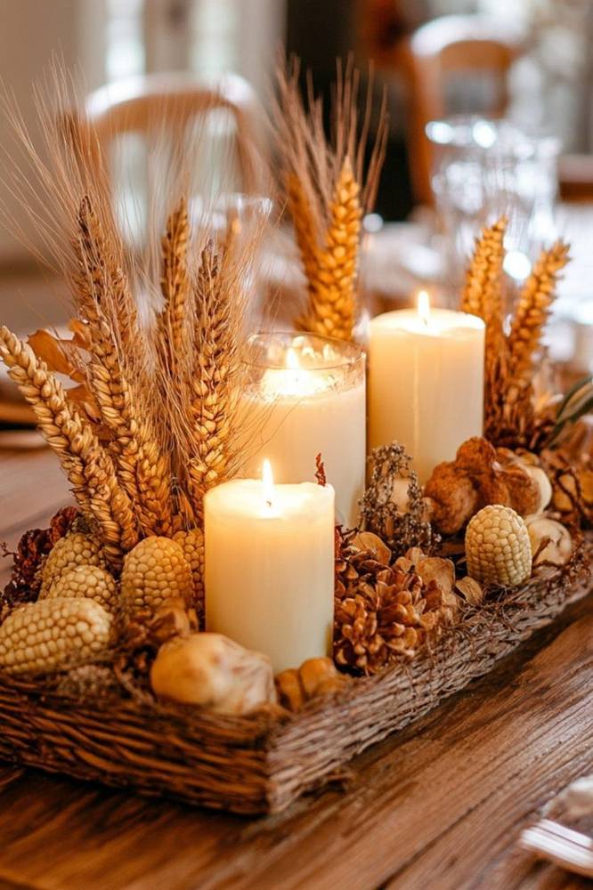 Mini fresh rosemary leaf wreaths wrapped around cloth napkins for sophisticated Thanksgiving settings.