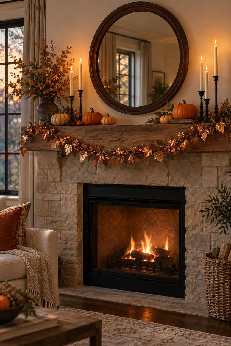 Living room mantel adorned with copper leaf garlands, glass vases, and soft candlelight.