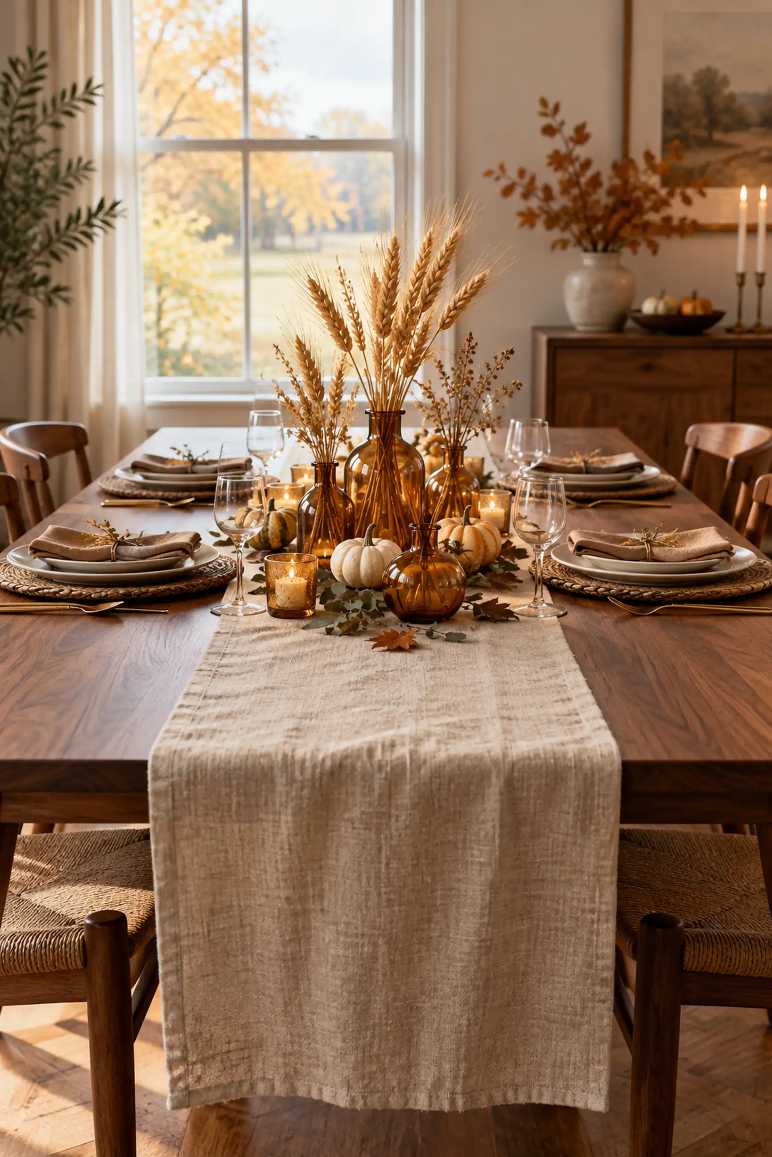 Formal dining table set with amber glass chargers, gold flatware, and deep burgundy runner.