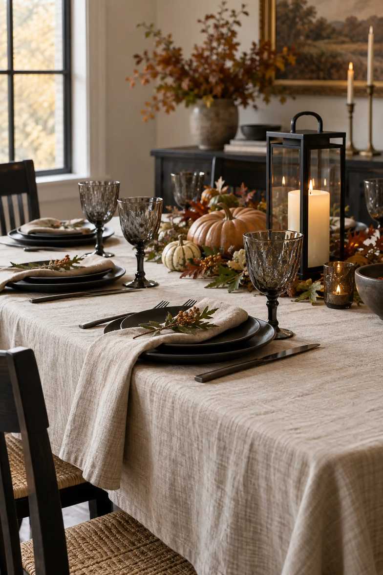 Dining area featuring an oat‑colored wood table, black metal chairs, and matte black centerpiece.