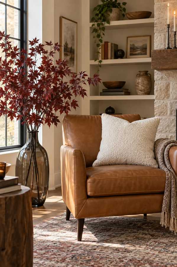Cozy reading chair framed by burgundy foliage branches, plush teal throw, and a floor lamp.
