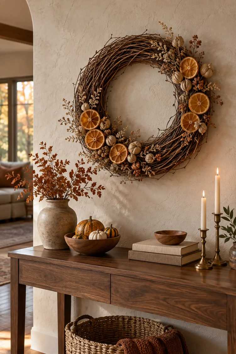 Small entryway featuring a compact wreath in a decorative metal can, surrounded by pine cones.