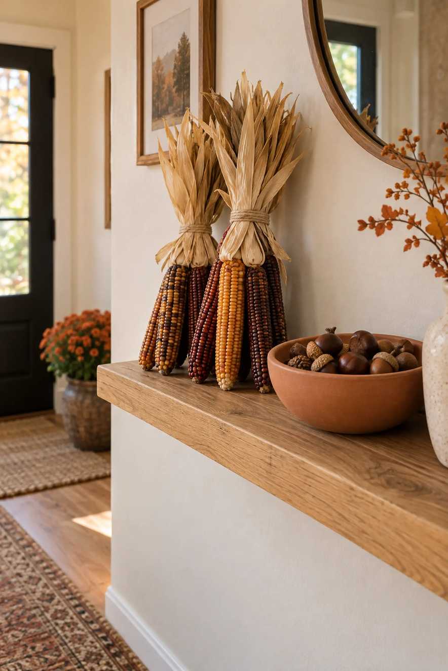 Entry hallway adorned with a striking arrangement of dried corn stalks on a reclaimed wood shelf.