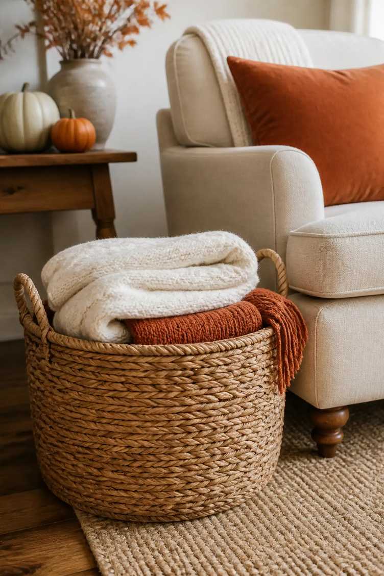 Living room with a woven basket overflowing with assorted throws beside a plush armchair.