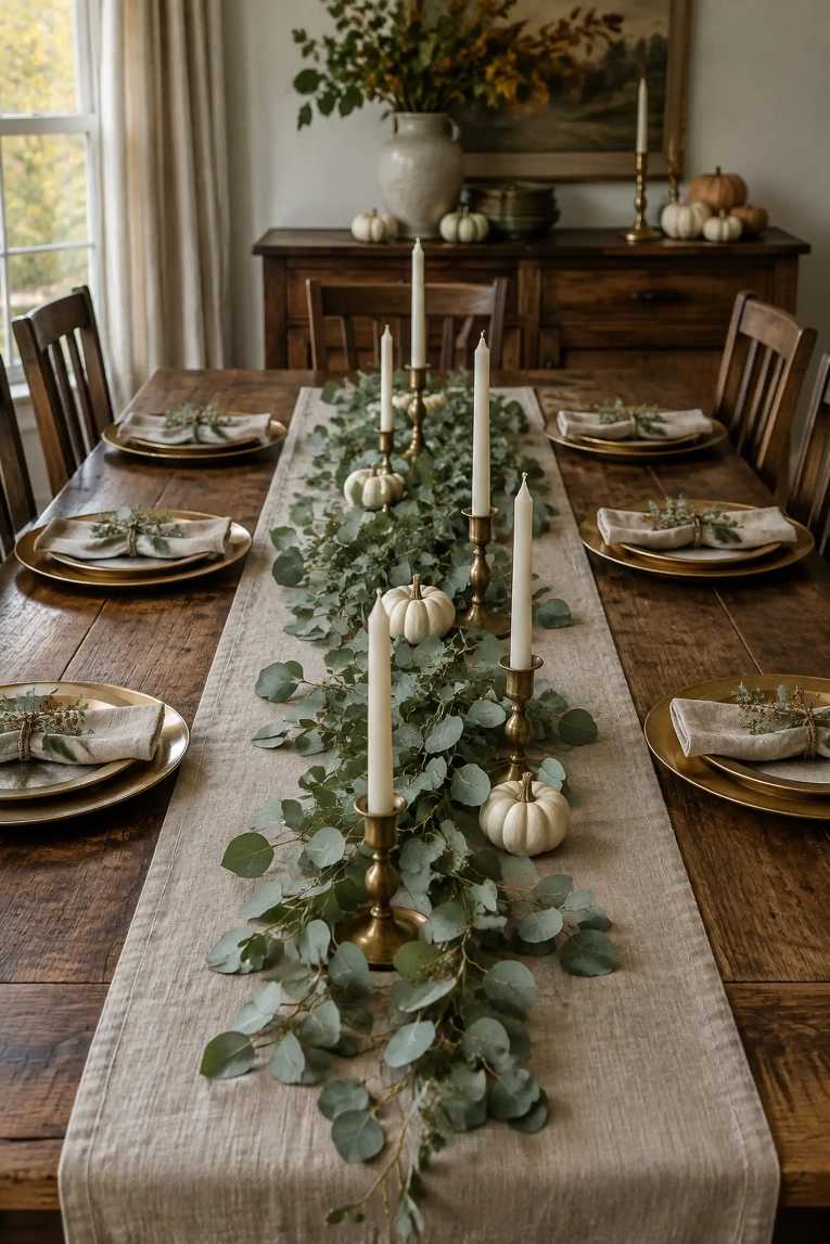 Dining table set with crisp linen napkins, eucalyptus garland, and rustic ceramic plates.