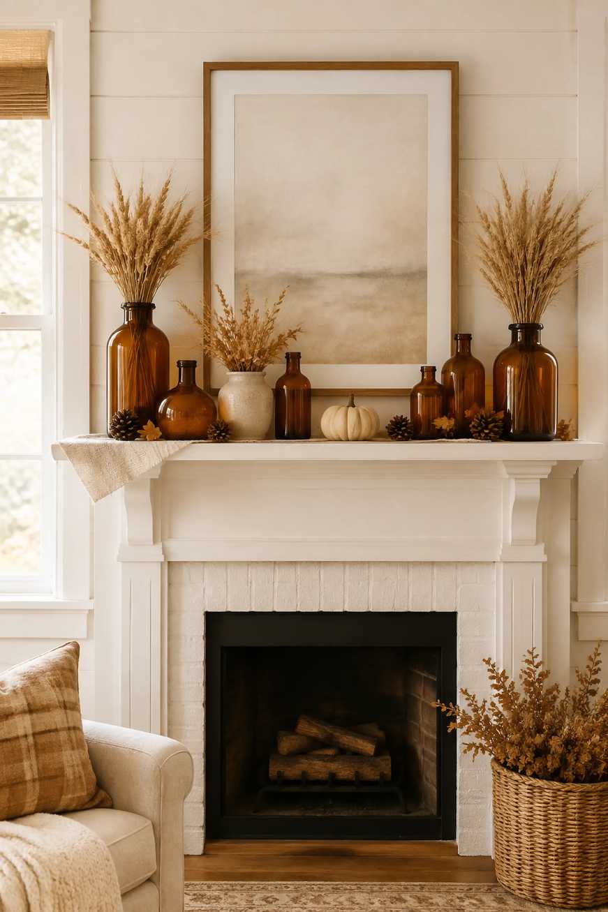 Living room mantel featuring bundles of wheat, amber glass vases, and soft candlelight.