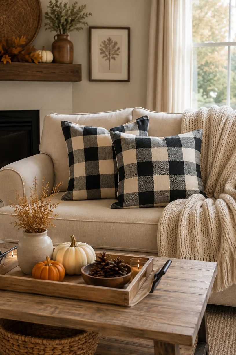 Living room sofa dressed in buffalo‑check throw pillows, soft wool blankets, and a textured rug.