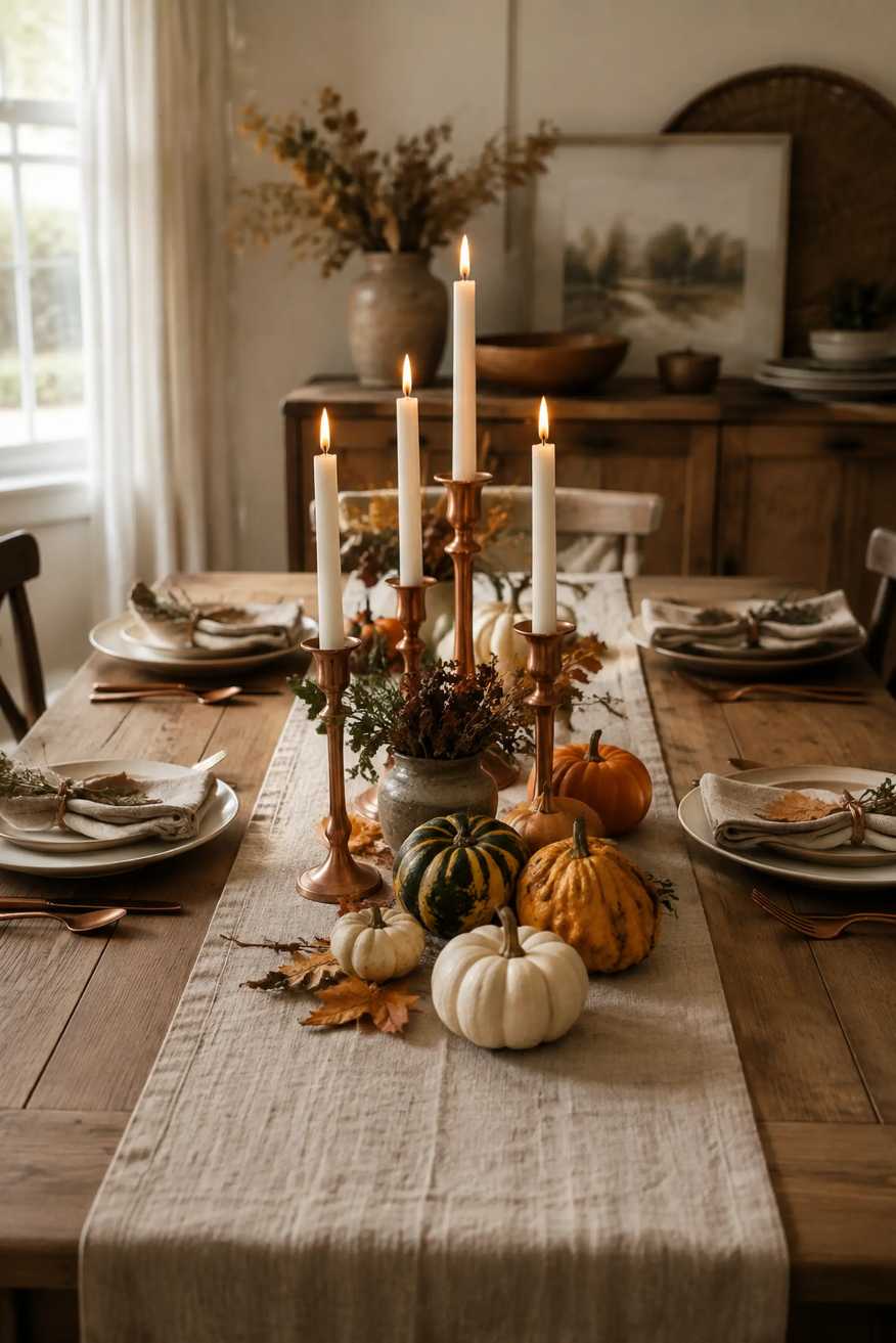 Dining table centerpiece featuring a cluster of copper candlesticks, glass votives, and pine cones.