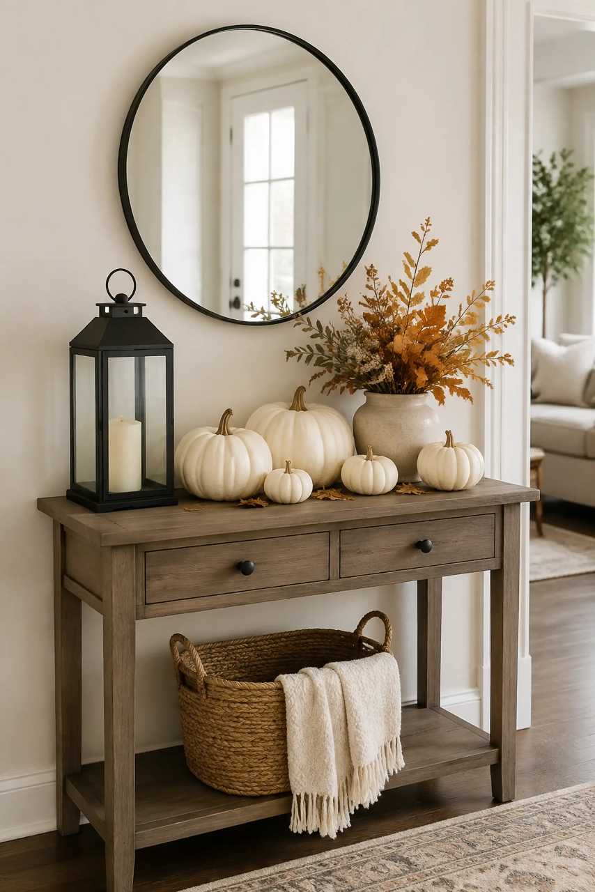 Entryway console topped with assorted pumpkins, a vintage lantern, and a woven runner.
