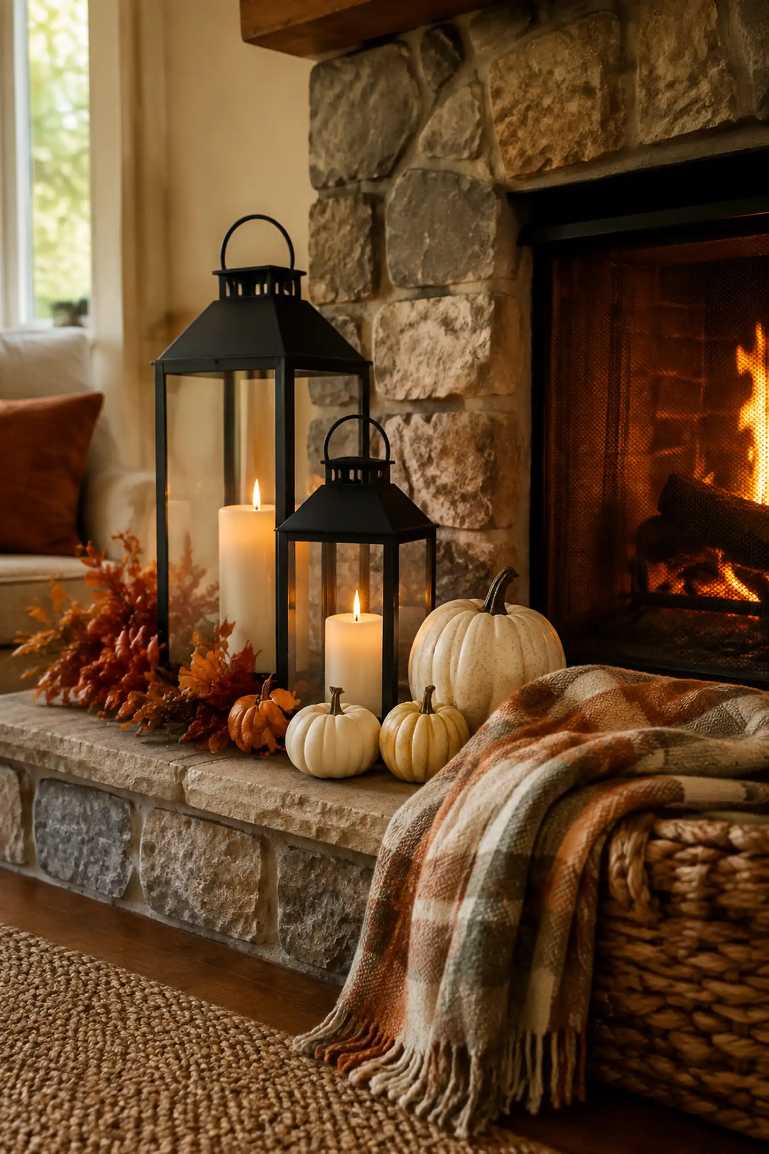 Living room hearth flanked by lanterns and clusters of mini gourds on a reclaimed wood mantel.
