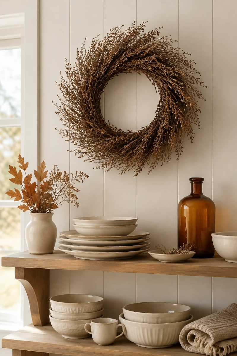 Kitchen wall shelf featuring a soft neutral wreath of dried eucalyptus, berries, and twine.