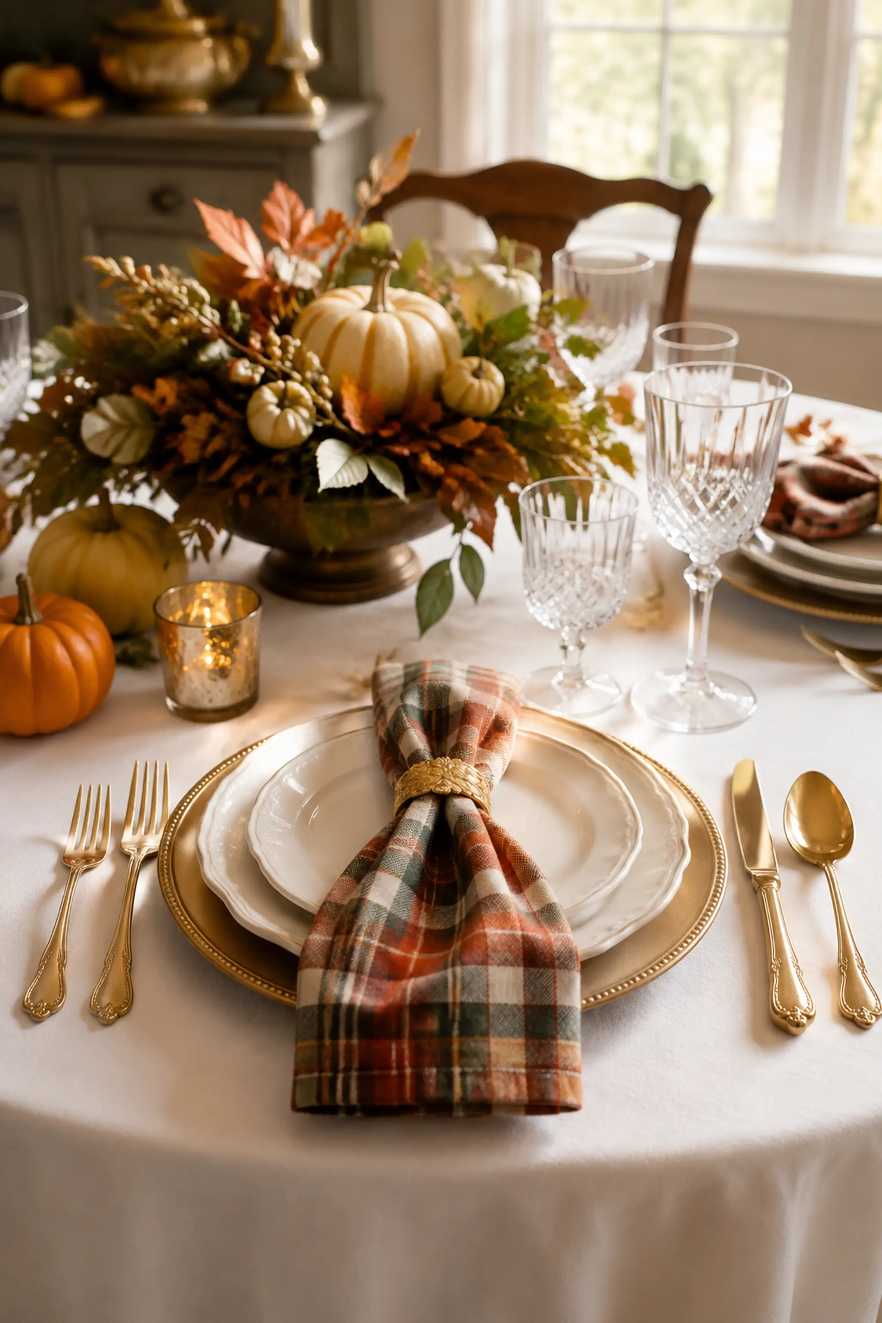 Dining setting with plaid napkins, gold flatware, and a centerpiece of pinecones and candles.