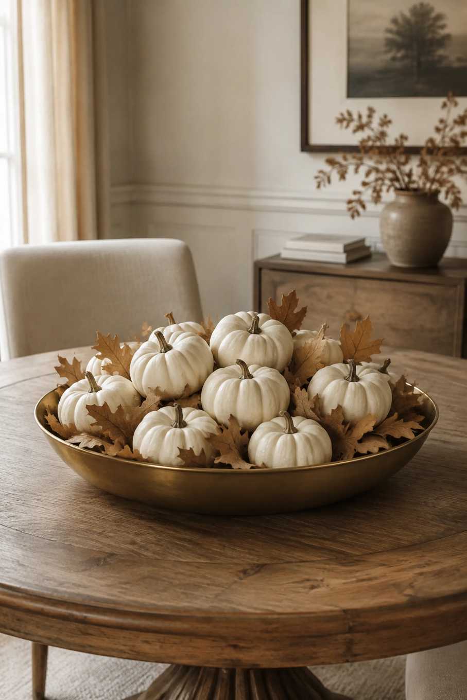 Dining table centerpiece featuring a carved pumpkin bowl filled with brass candlesticks and dried fruit.