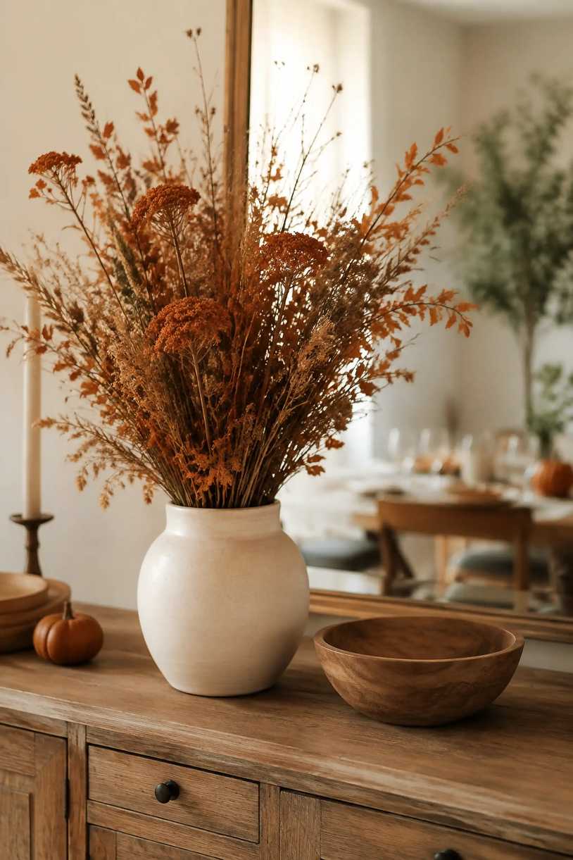Sideboard display with rust‑colored floral arrangement in a simple white ceramic vase.