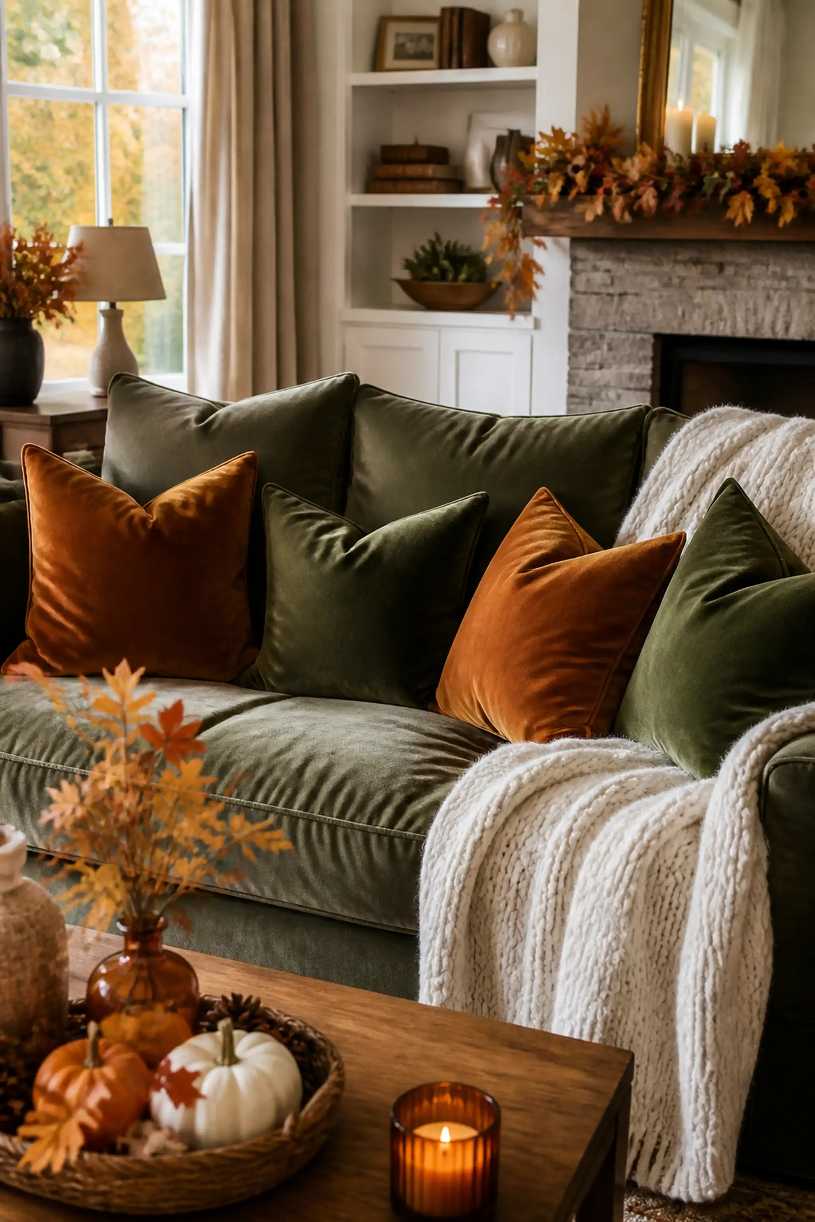 Sofa styled with plush velvet pillows in burnt orange and moss green, paired with a soft throw.