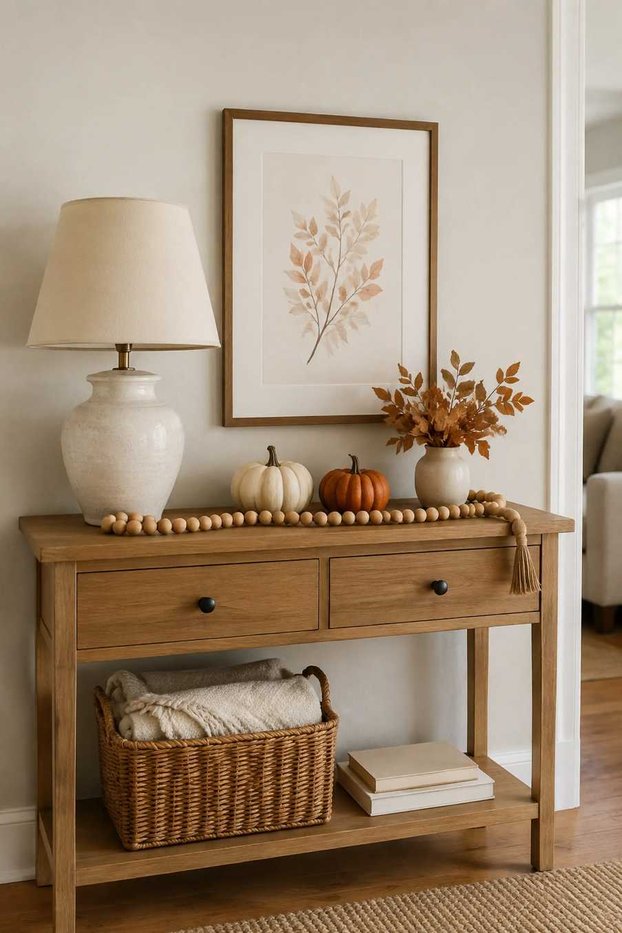 Console table adorned with a garland of wooden beads, small pumpkins, and a candle.
