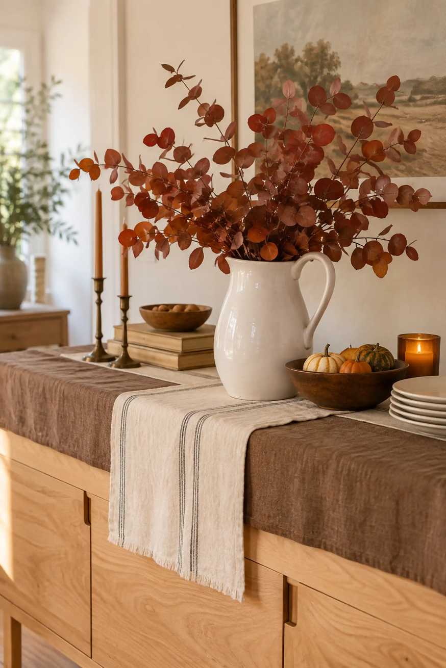 Sideboard displaying layered linen table runners, napkins, and a small vase of autumn foliage.