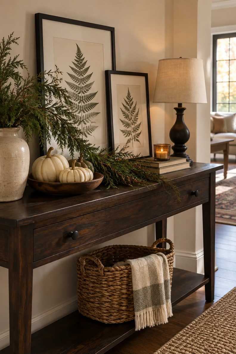 Living room wall display featuring framed botanical prints and a cluster of mini gourds on a shelf.