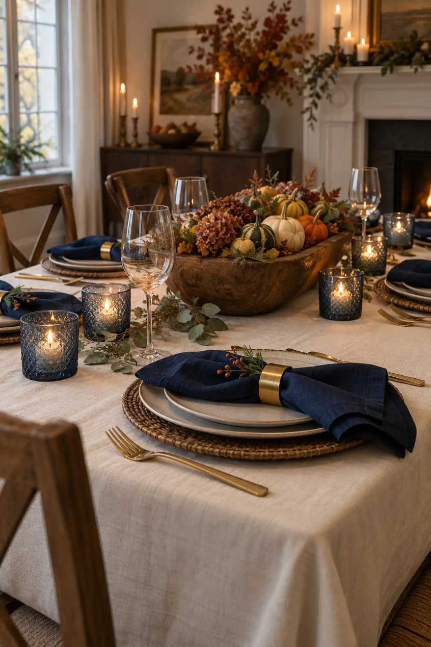 Dining area with a navy table runner, brass candlesticks, and soft amber lighting.